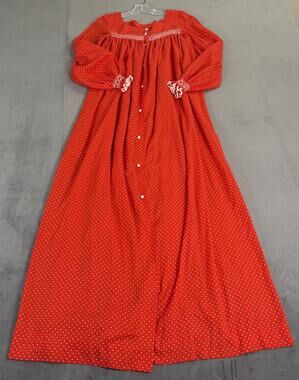 Vtg Handmade Smocked Red Polka Dot Long Sleeve Nightgown Cottagecore Granny